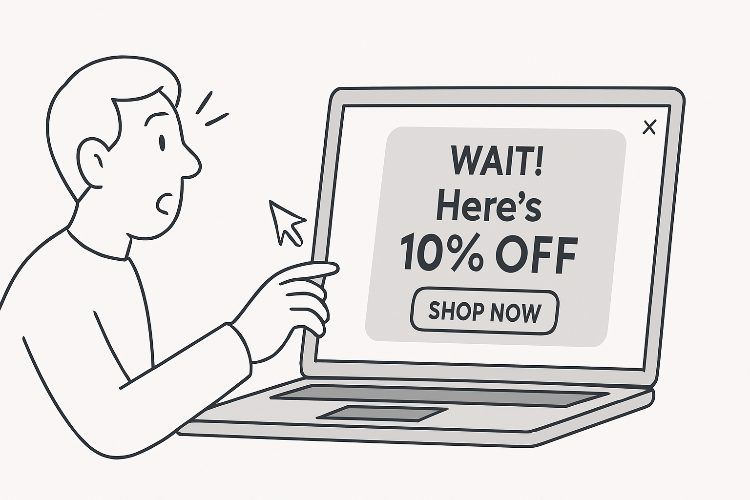 User about to leave website but sees a surprise exit-intent popup with discount