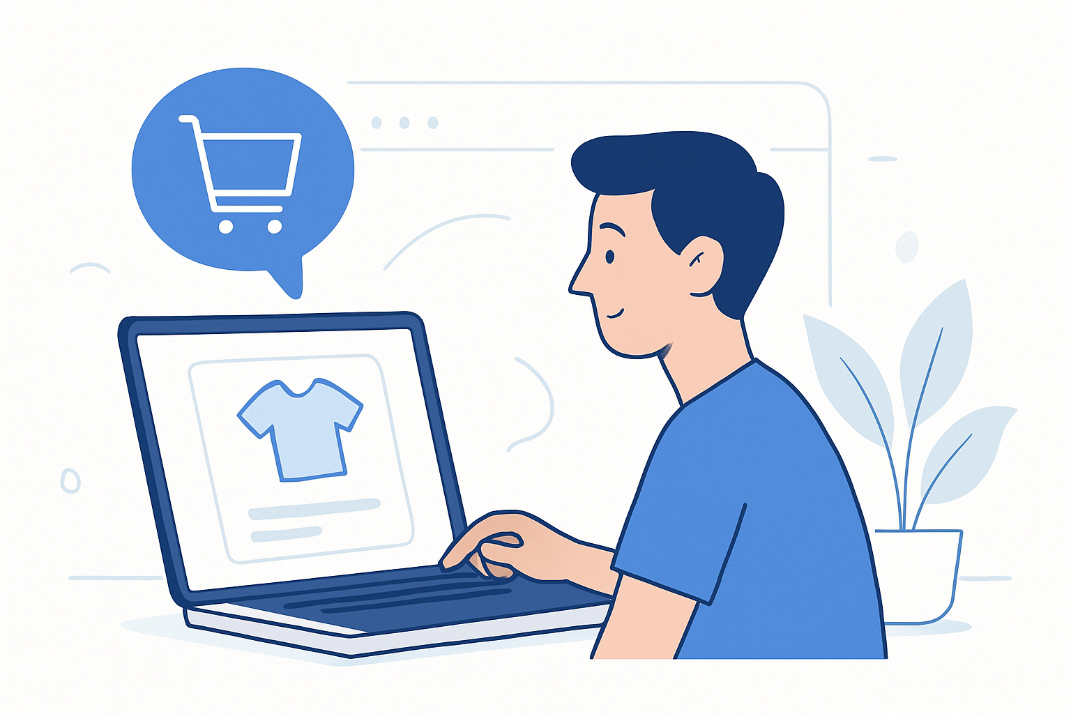 Illustration of a shopper browsing a product page on a laptop, thinking about a purchase – flat design style
